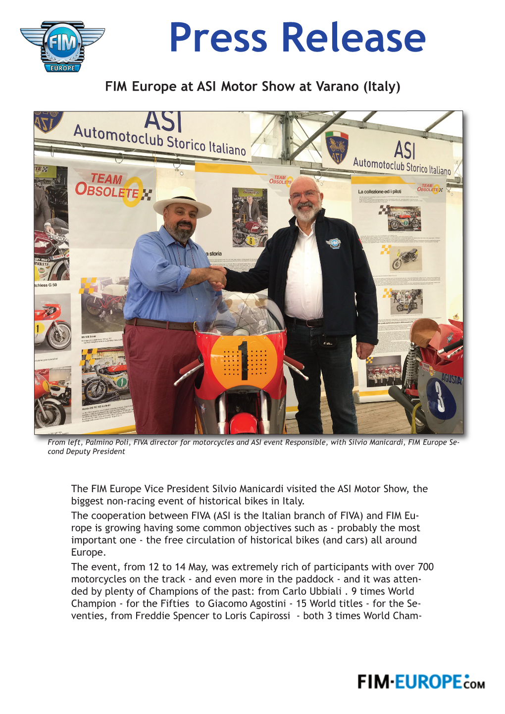 Press Release FIM Europe at ASI Motor Show at Varano (Italy)