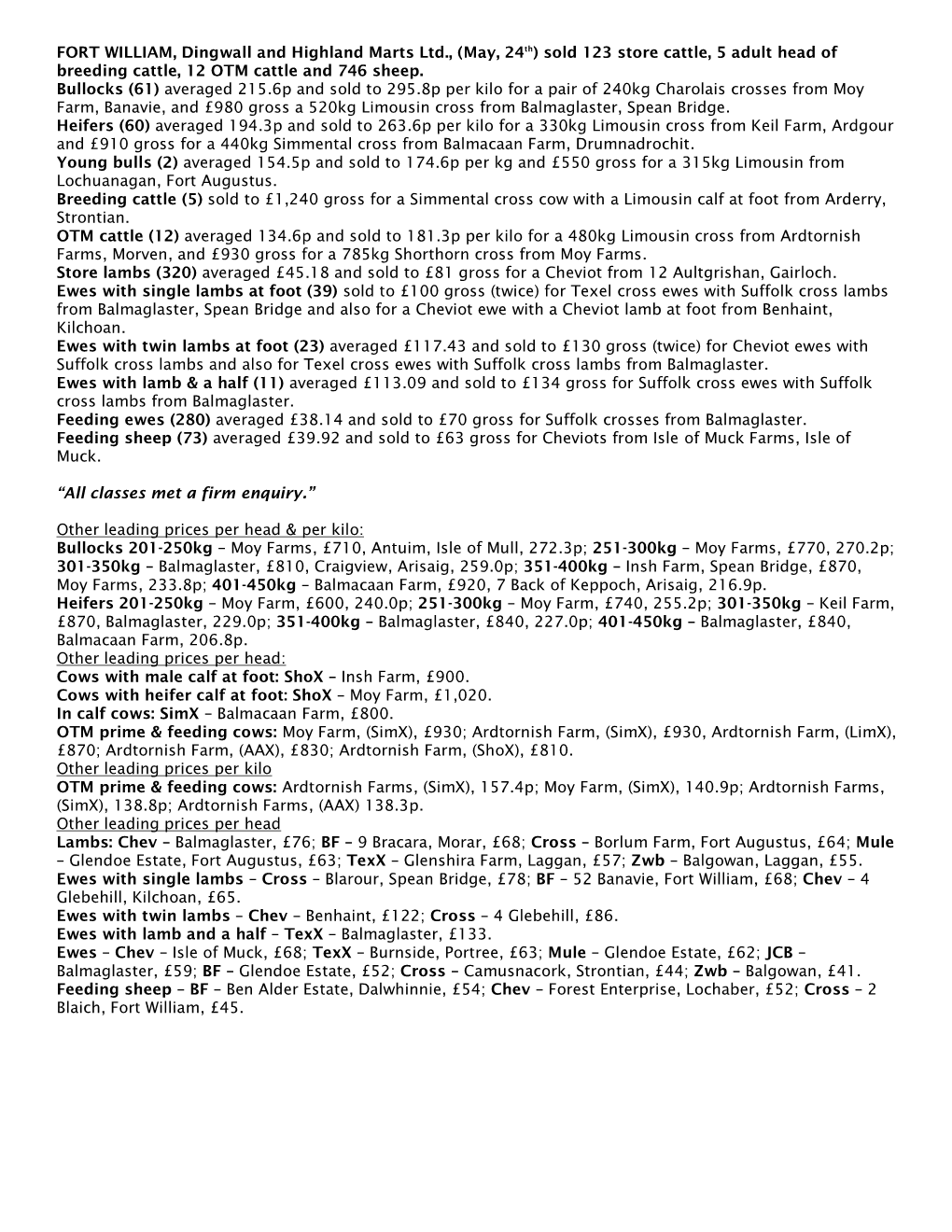 FORT WILLIAM, Dingwall and Highland Marts Ltd., (May, 24Th) Sold 123 Store Cattle, 5 Adult Head of Breeding Cattle, 12 OTM Cattle and 746 Sheep