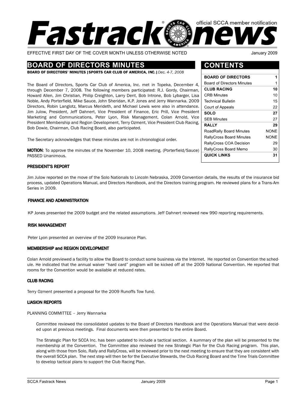 2009 BOARD of DIRECTORS MINUTES CONTENTS BOARD of DIRECTORS’ MINUTES |SPORTS CAR CLUB of AMERICA, INC.|Dec