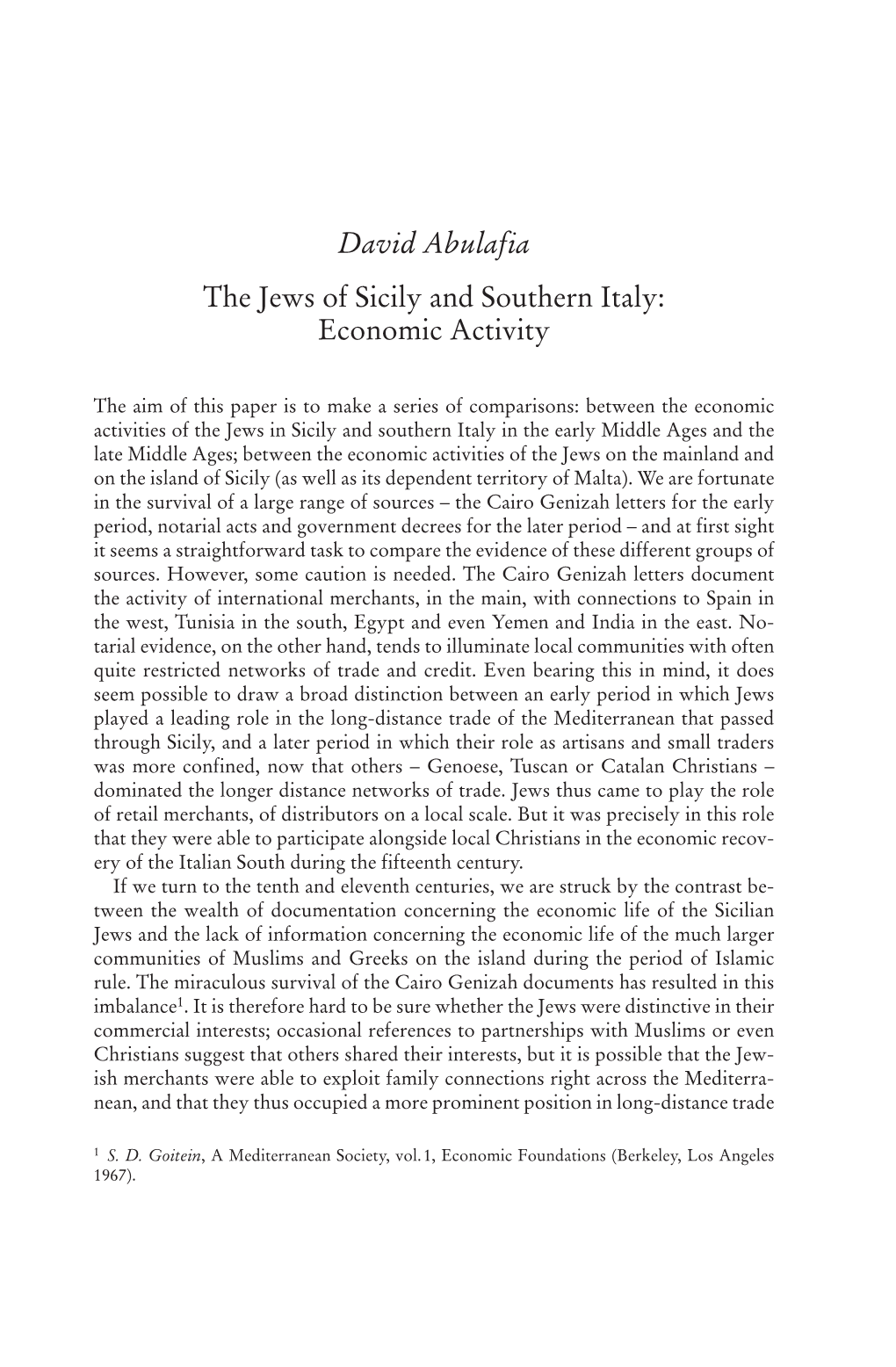 David Abulafia the Jews of Sicily and Southern Italy: Economic Activity