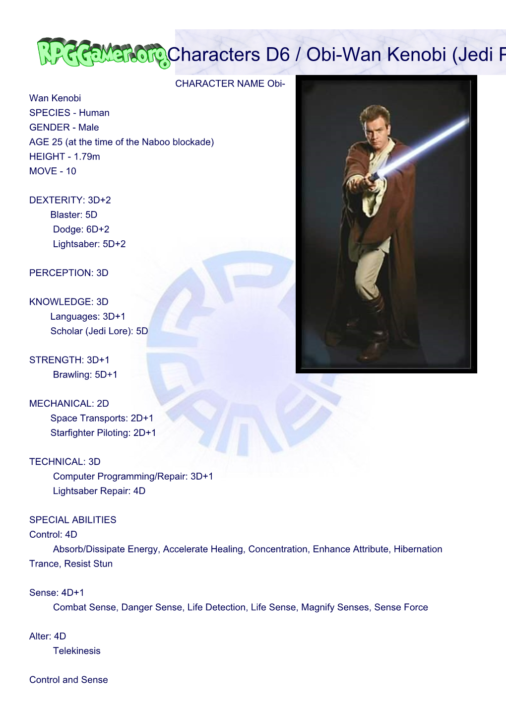 Characters D6 / Obi-Wan Kenobi (Jedi Padawan As of the Battle of Naboo)