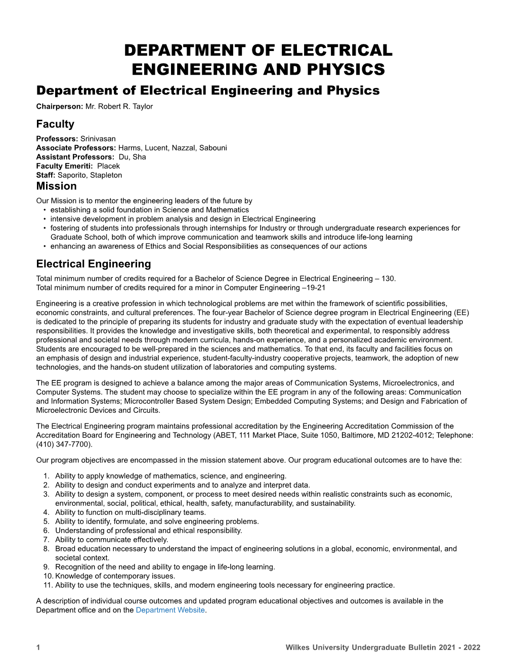 DEPARTMENT of ELECTRICAL ENGINEERING and PHYSICS Department of Electrical Engineering and Physics Chairperson: Mr