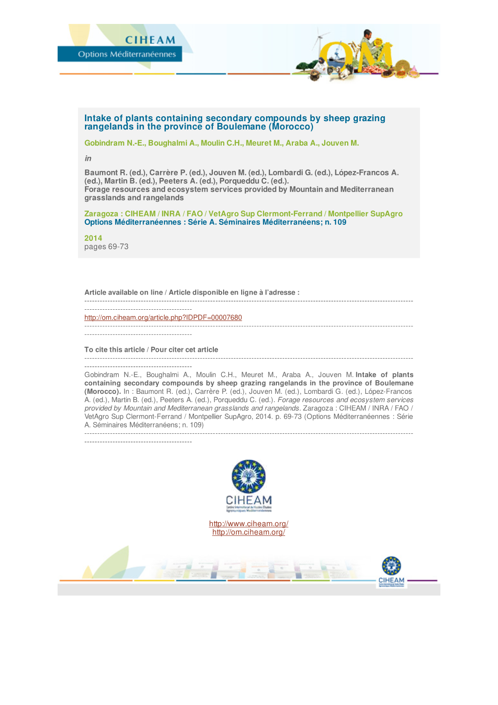 Intake of Plants Containing Secondary Compounds by Sheep Grazing Rangelands in the Province of Boulemane (Morocco)