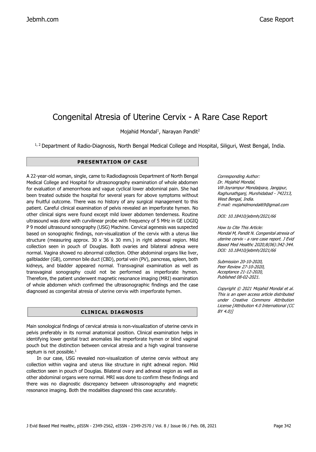 Congenital Atresia of Uterine Cervix - a Rare Case Report