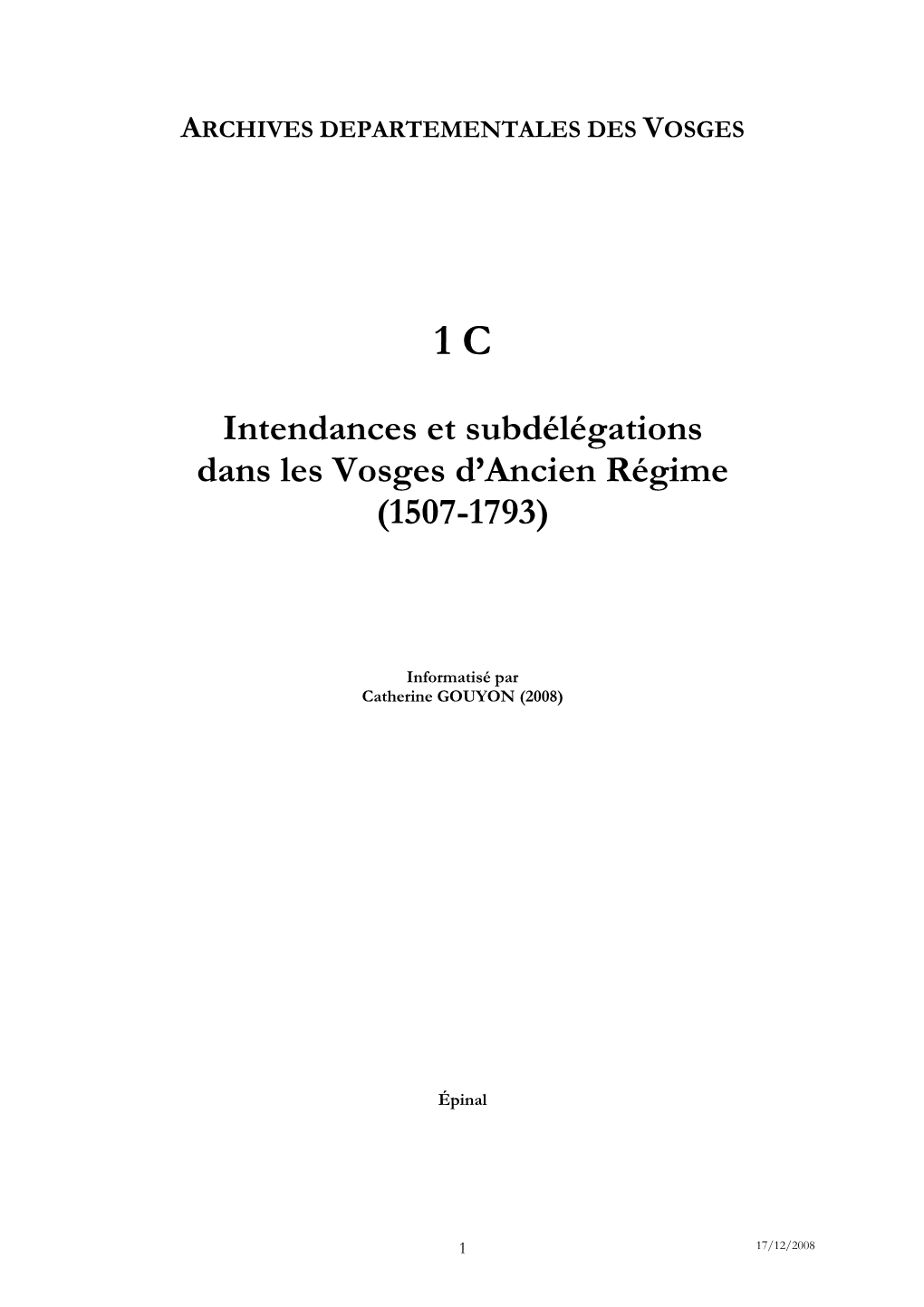 Intendances Et Subdélégations Dans Les Vosges D'ancien Régime (1507