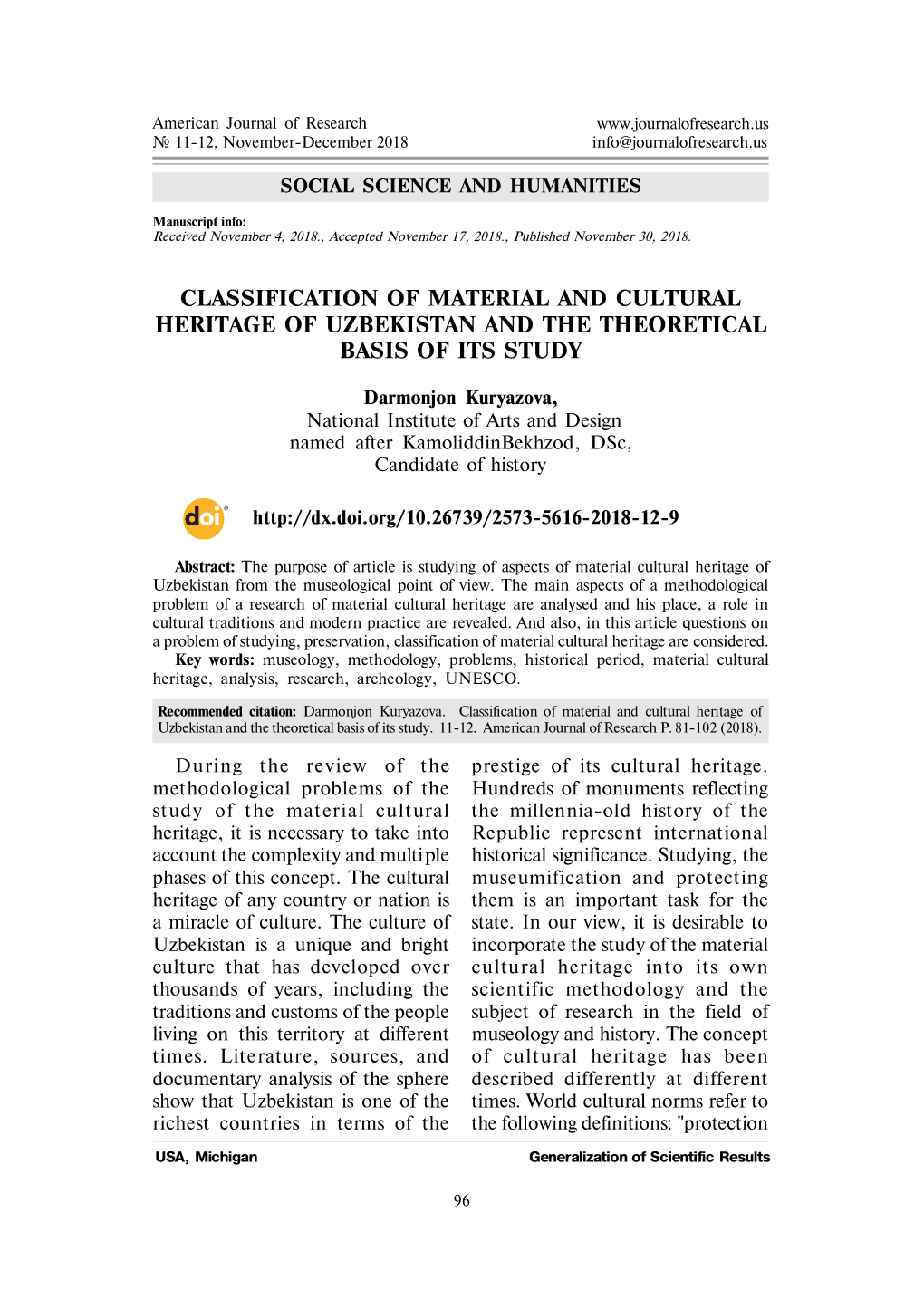 Classification of Material and Cultural Heritage of Uzbekistan and the Theoretical Basis of Its Study