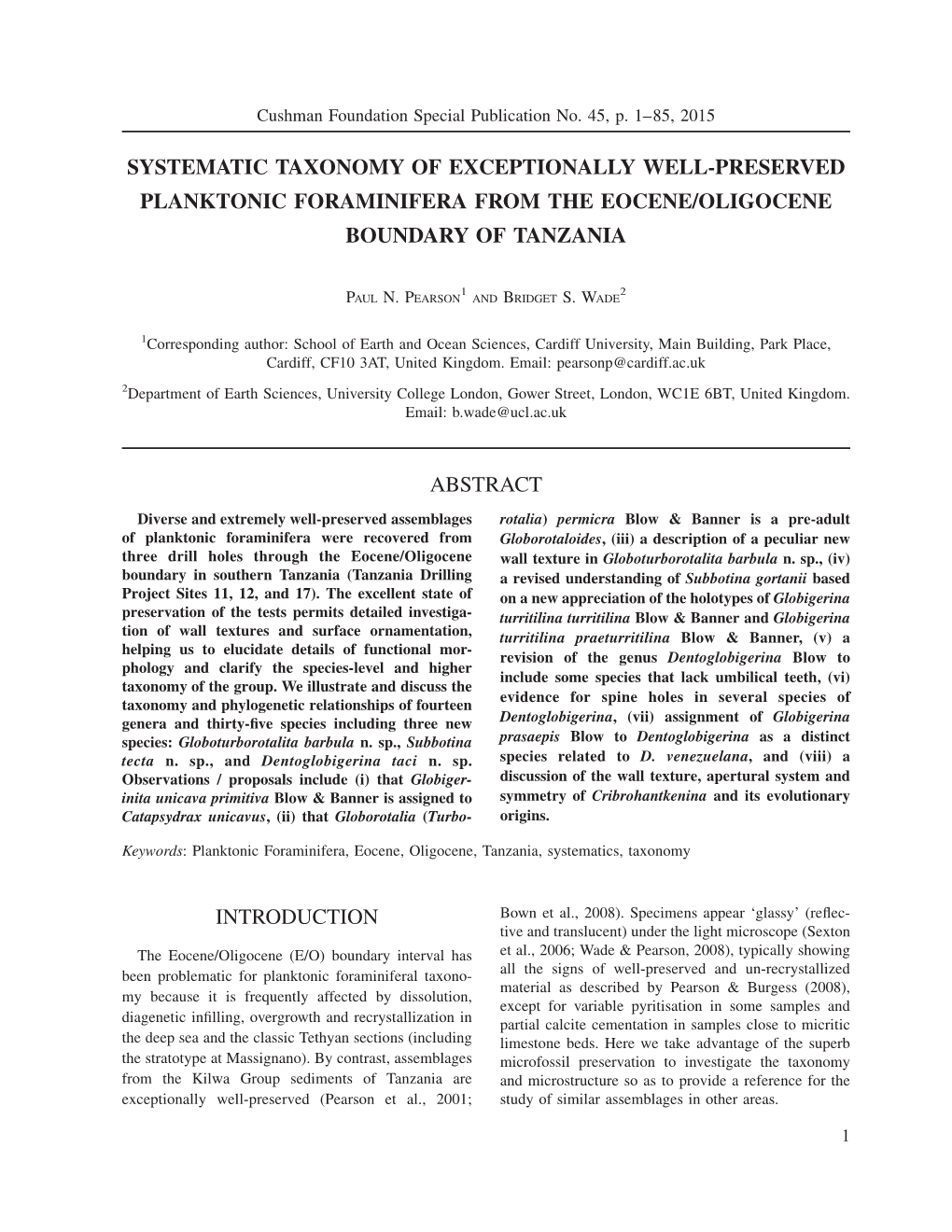 Systematic Taxonomy of Exceptionally Well-Preserved Planktonic Foraminifera from the Eocene/Oligocene Boundary of Tanzania