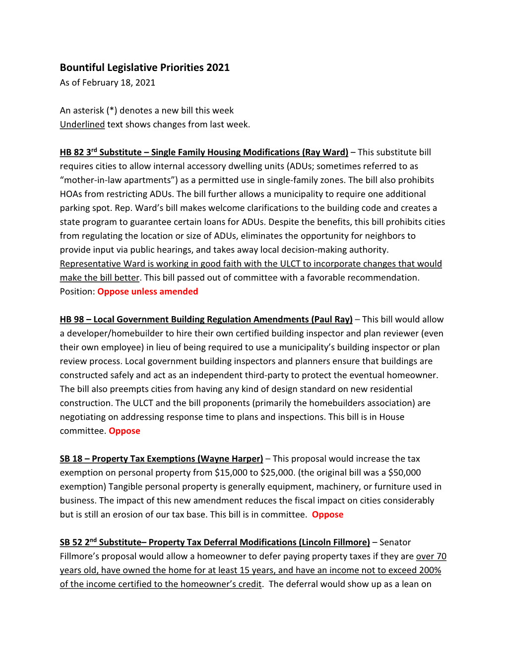 Bountiful Legislative Priorities 2021 As of February 18, 2021