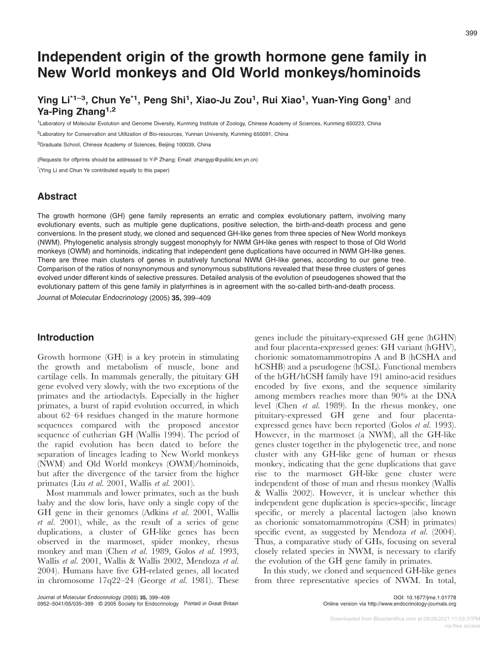 Independent Origin of the Growth Hormone Gene Family in New World Monkeys and Old World Monkeys/Hominoids