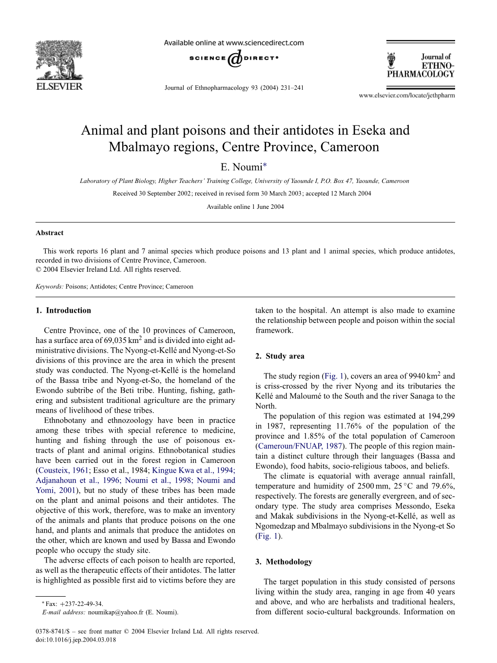 Animal and Plant Poisons and Their Antidotes in Eseka and Mbalmayo Regions, Centre Province, Cameroon E