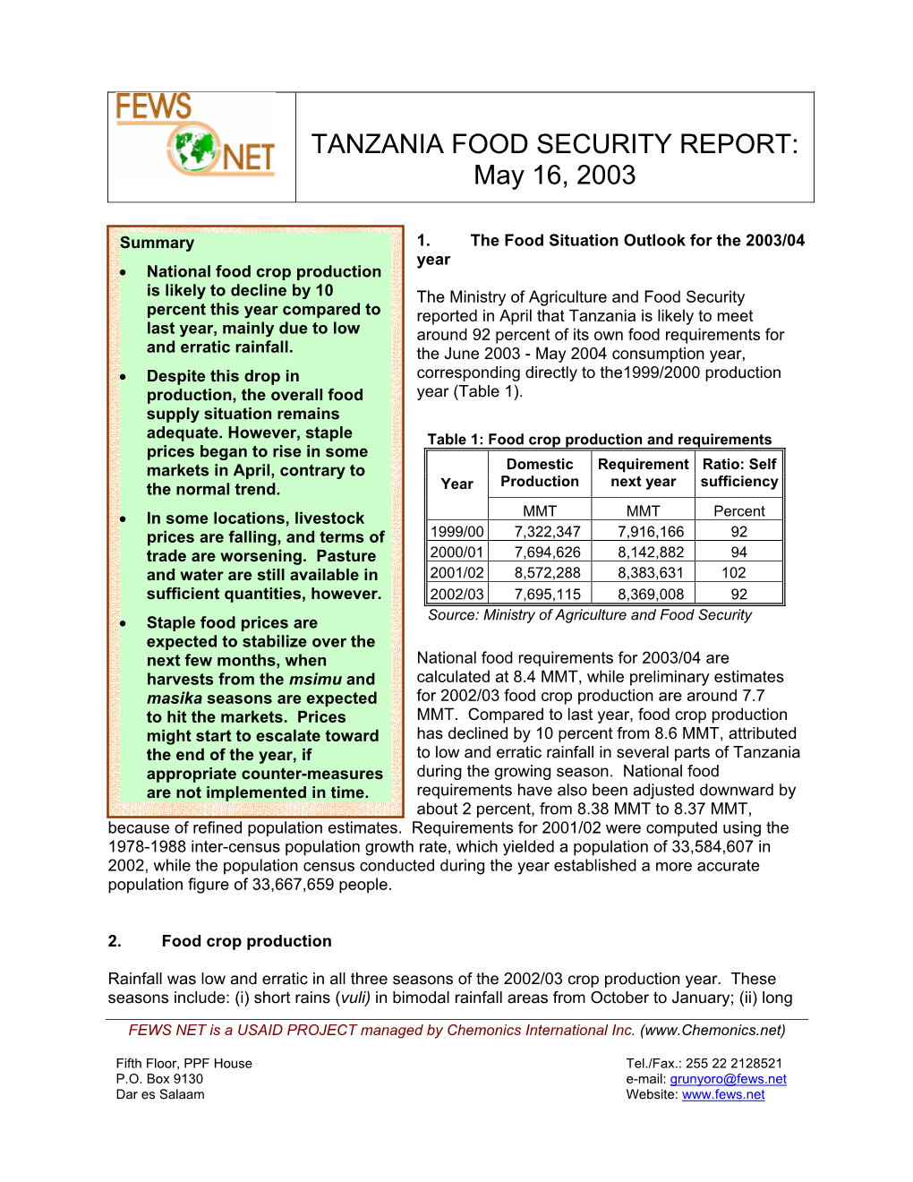 TANZANIA FOOD SECURITY REPORT: May 16, 2003