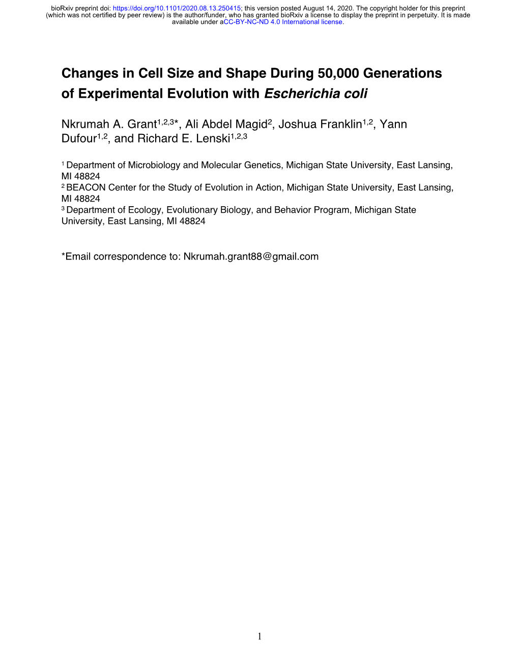 Changes in Cell Size and Shape During 50,000 Generations of Experimental Evolution with Escherichia Coli