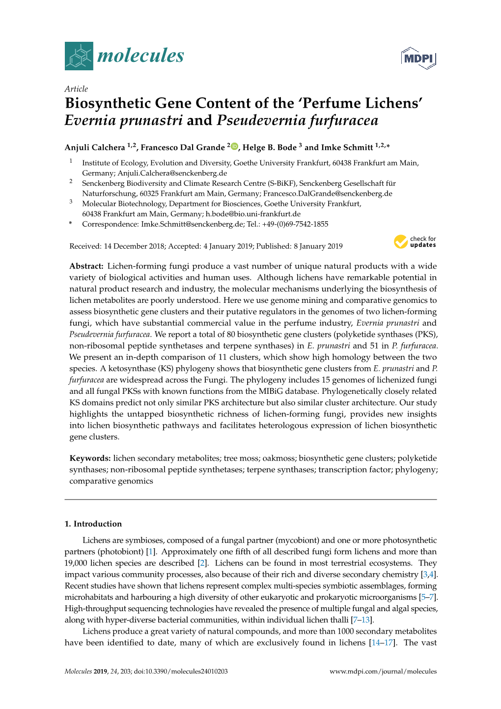 Biosynthetic Gene Content of the 'Perfume Lichens' Evernia Prunastri and Pseudevernia Furfuracea