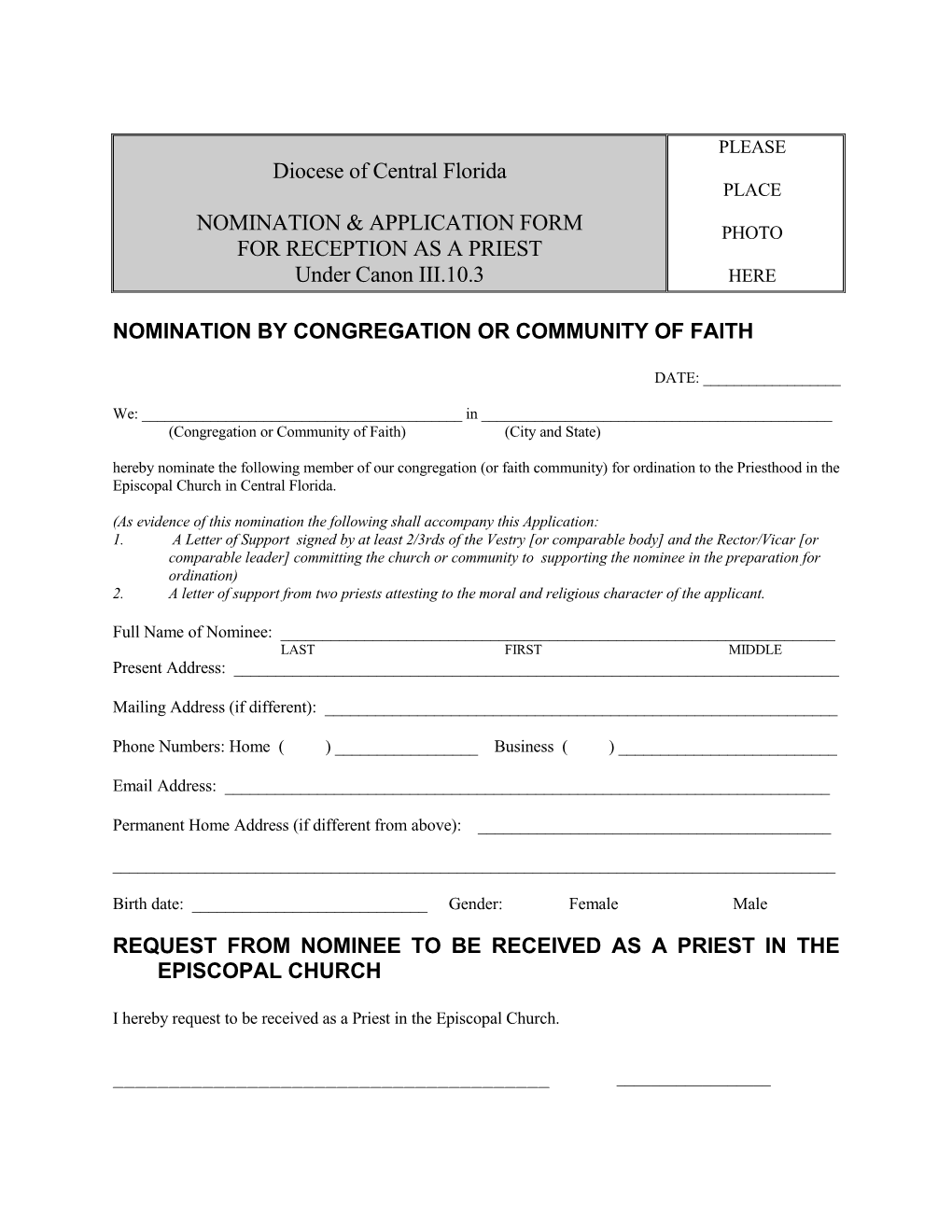 Nomination by Congregation Or Community of Faith