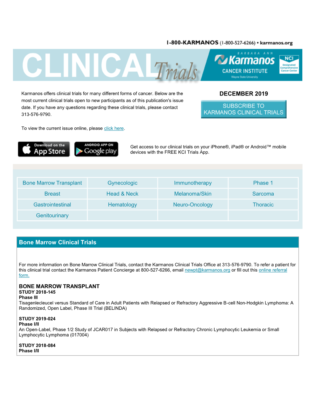 DECEMBER 2019 Bone Marrow Clinical Trials