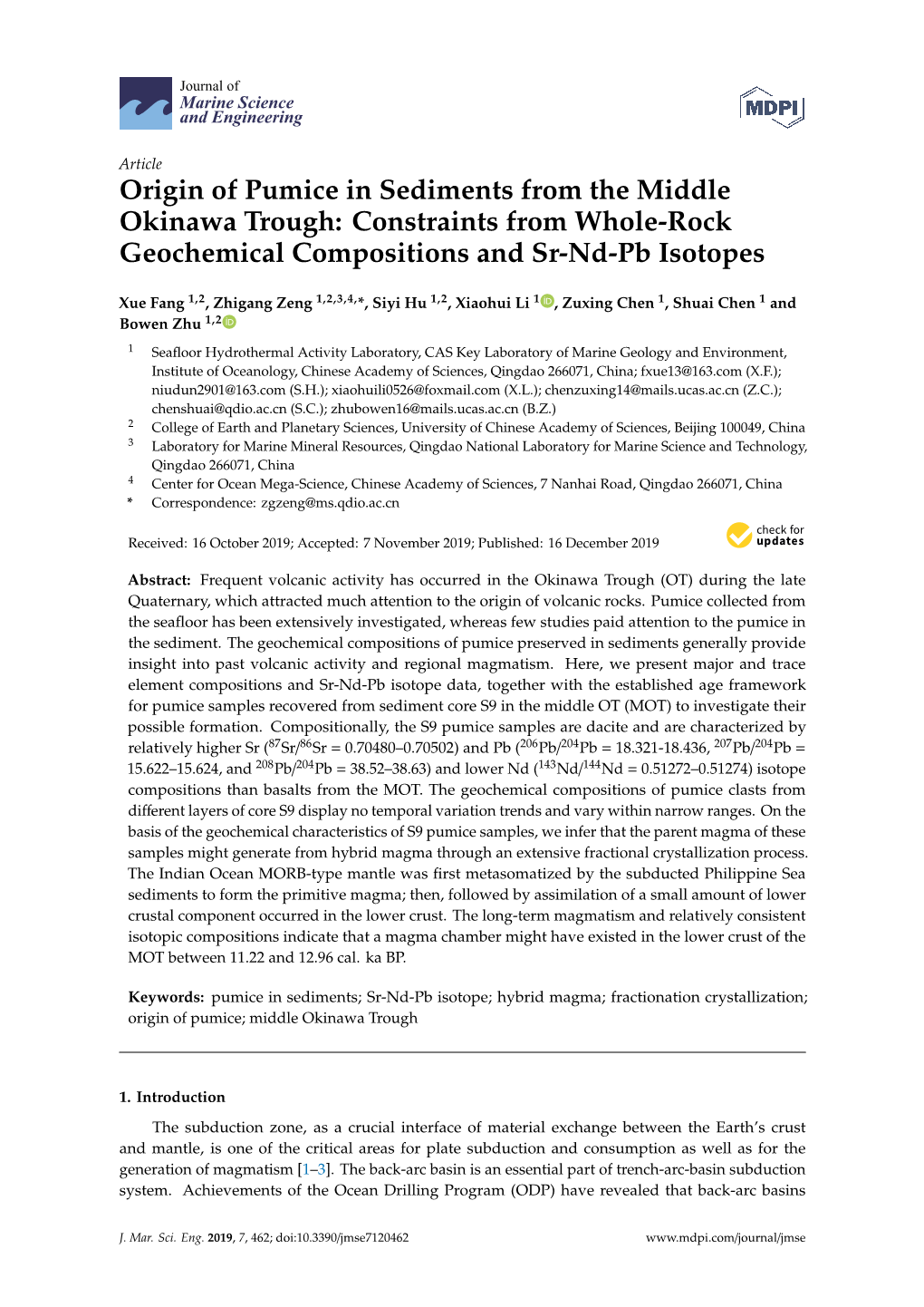 Origin of Pumice in Sediments from the Middle Okinawa Trough: Constraints from Whole-Rock Geochemical Compositions and Sr-Nd-Pb Isotopes