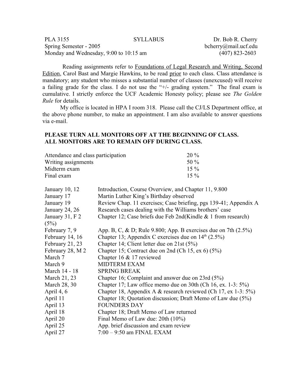 PLA 3155 SYLLABUS Dr. Bob R. Cherry