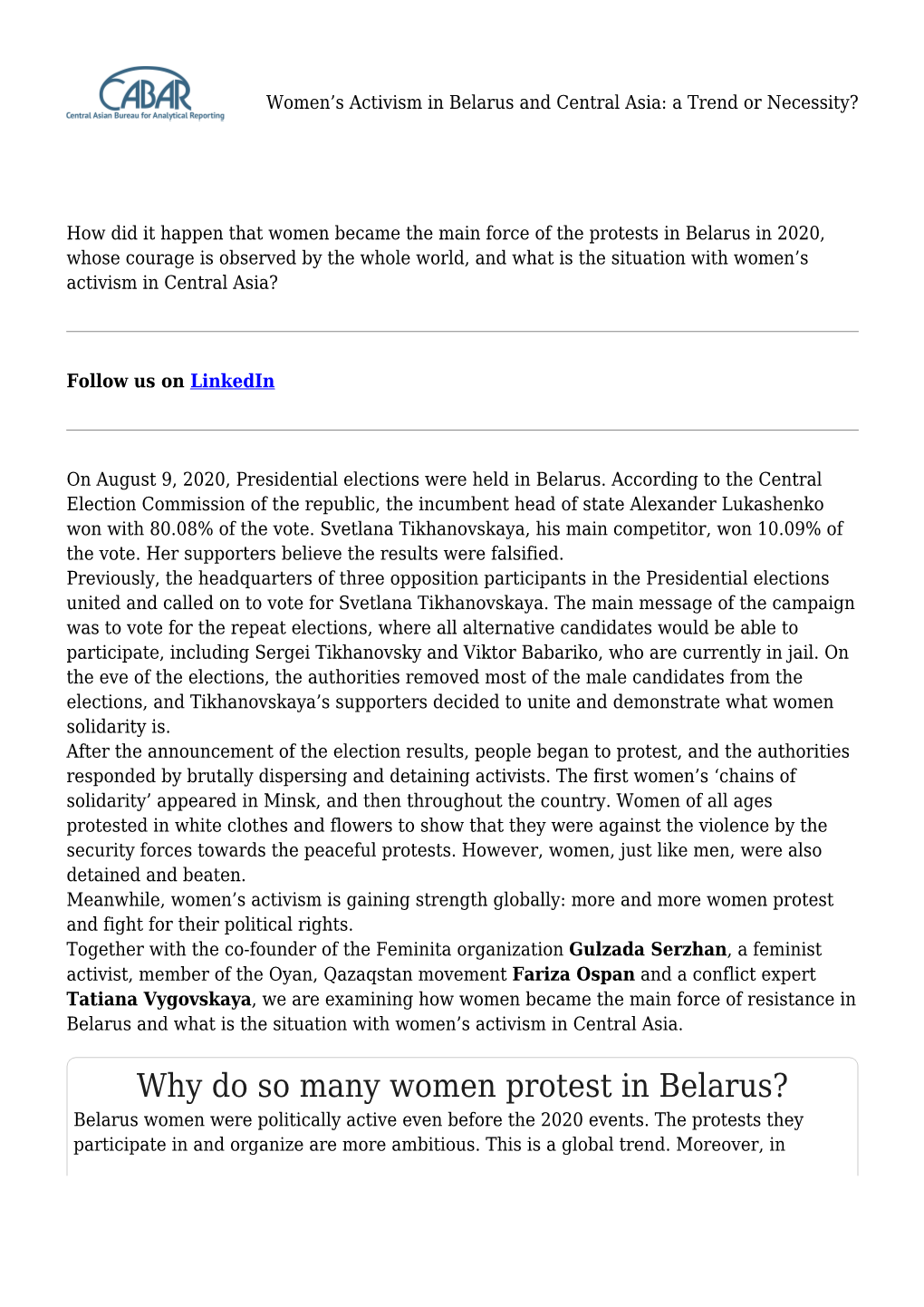 Women's Activism in Belarus and Central Asia: a Trend Or Necessity?