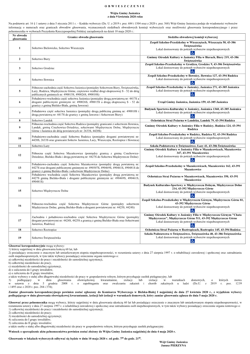 O B W I E S Z C Z E N I E Wójta Gminy Jasienica Z Dnia 9 Kwietnia 2020