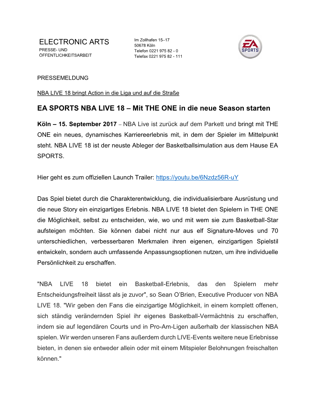 ELECTRONIC ARTS EA SPORTS NBA LIVE 18 – Mit the ONE in Die Neue Season Starten