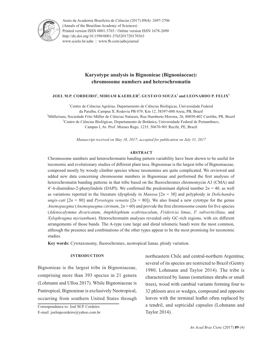 (Bignoniaceae): Chromosome Numbers and Heterochromatin