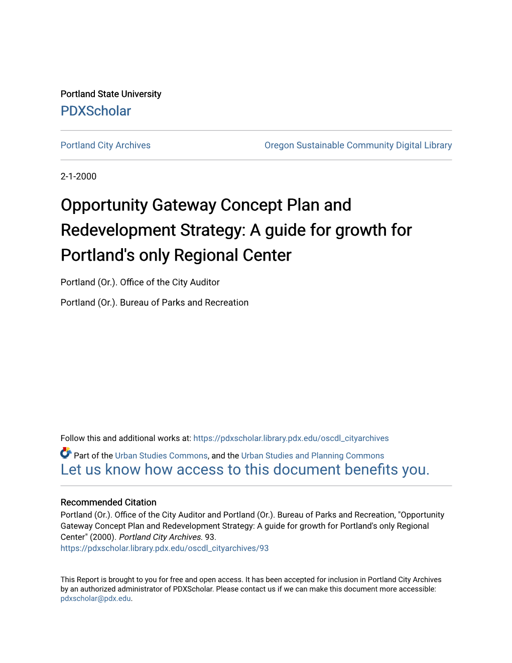 Opportunity Gateway Concept Plan and Redevelopment Strategy: a Guide for Growth for Portland's Only Regional Center