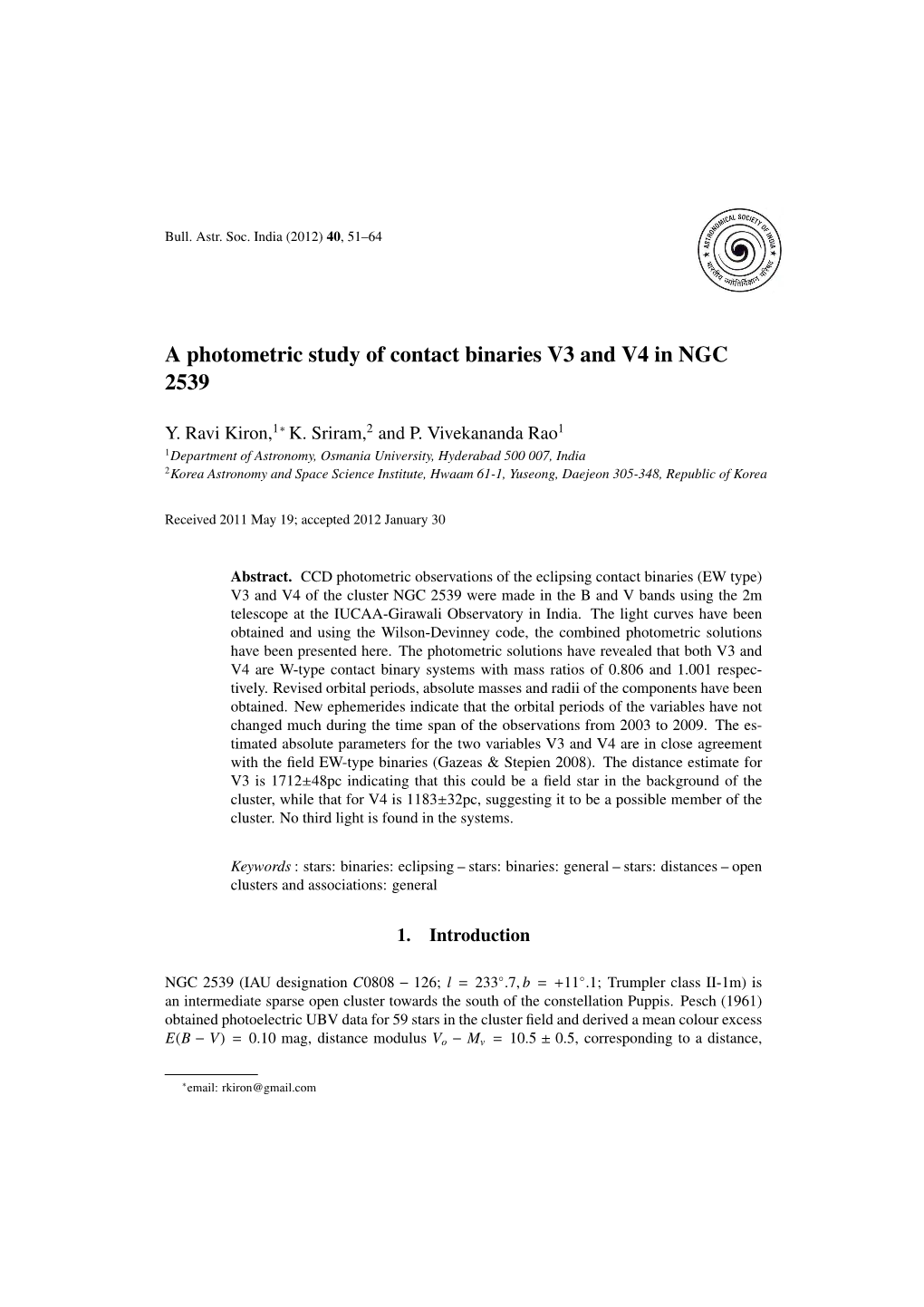 A Photometric Study of Contact Binaries V3 and V4 in NGC 2539