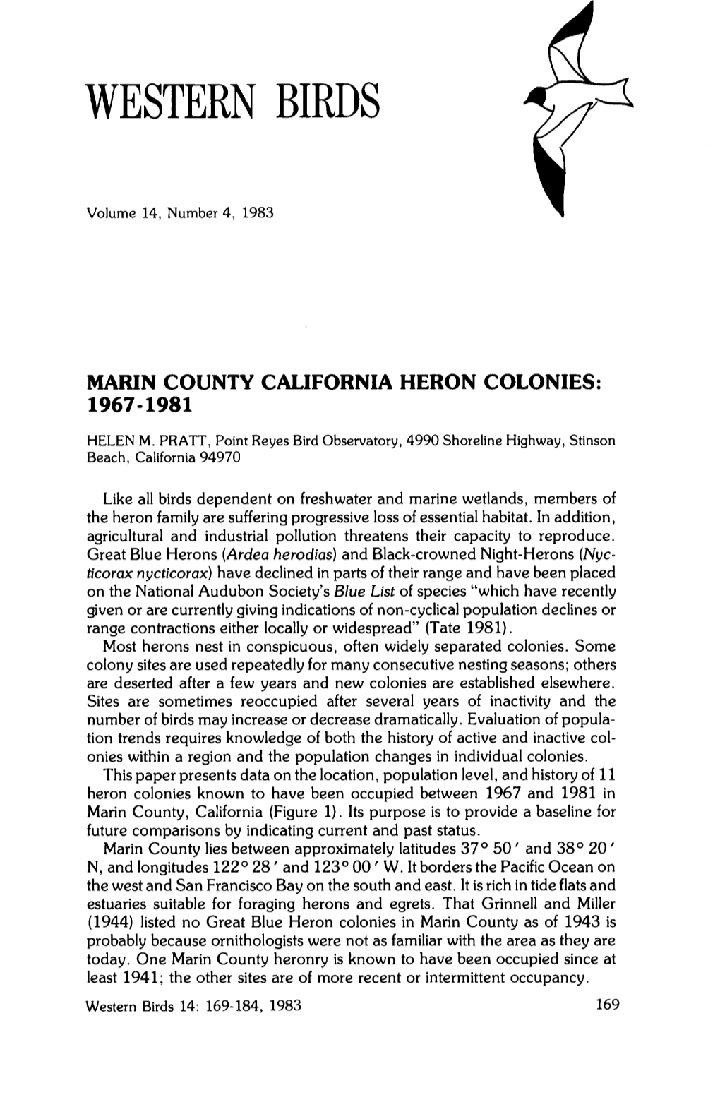Marin County California Heron Colonies: 1967-1981