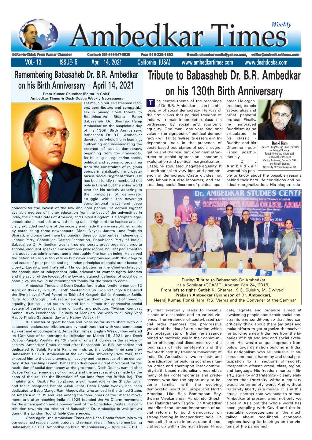 Tribute to Babasaheb Dr. B.R. Ambedkar on His 130Th Birth