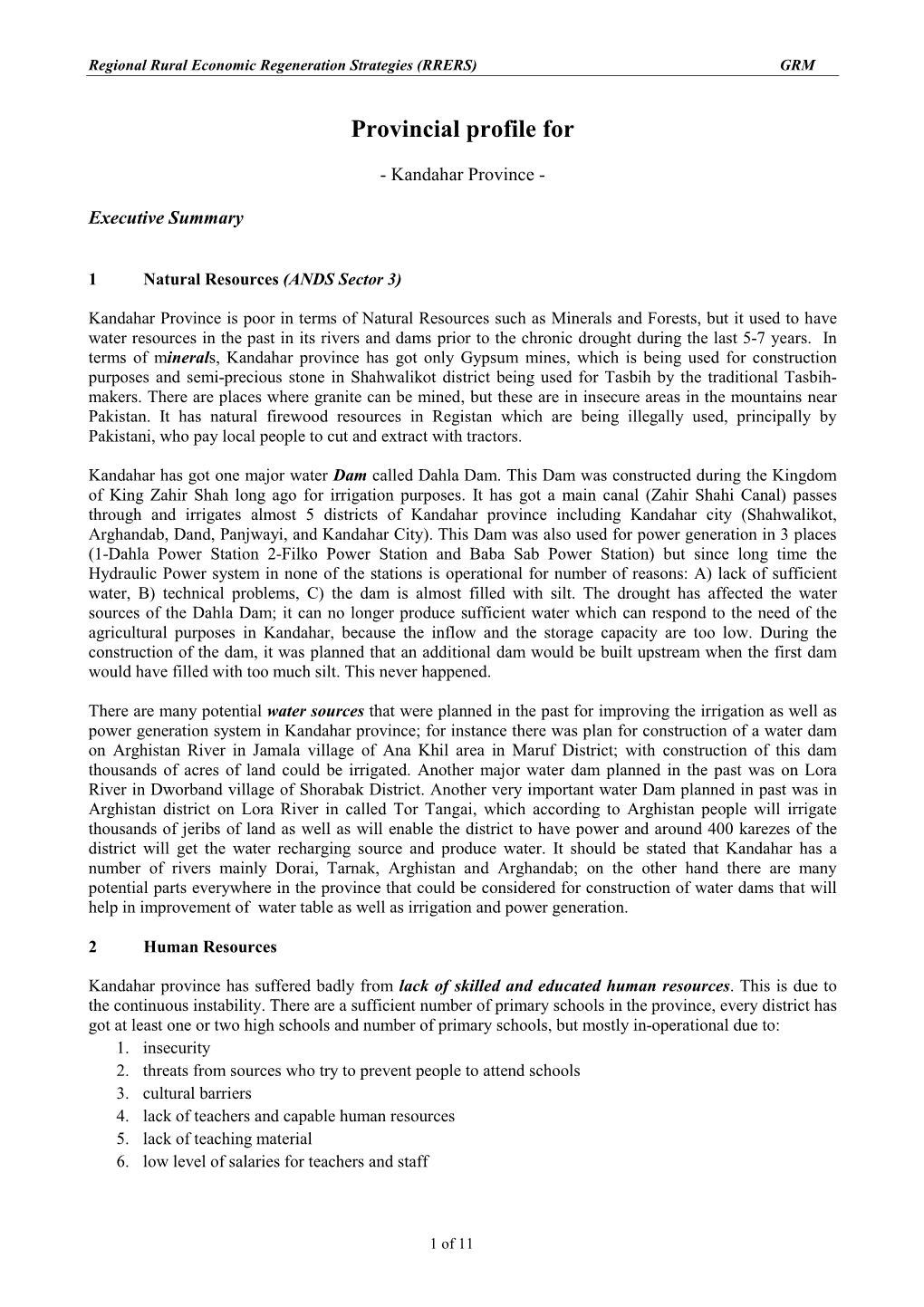 Kandahar Provincial Profile