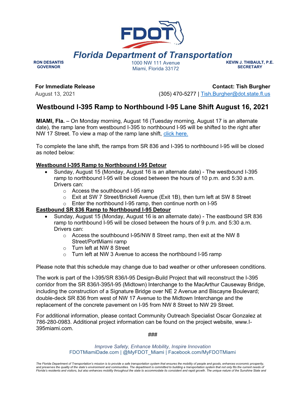 Florida Department of Transportation RON DESANTIS 1000 NW 111 Avenue KEVIN J