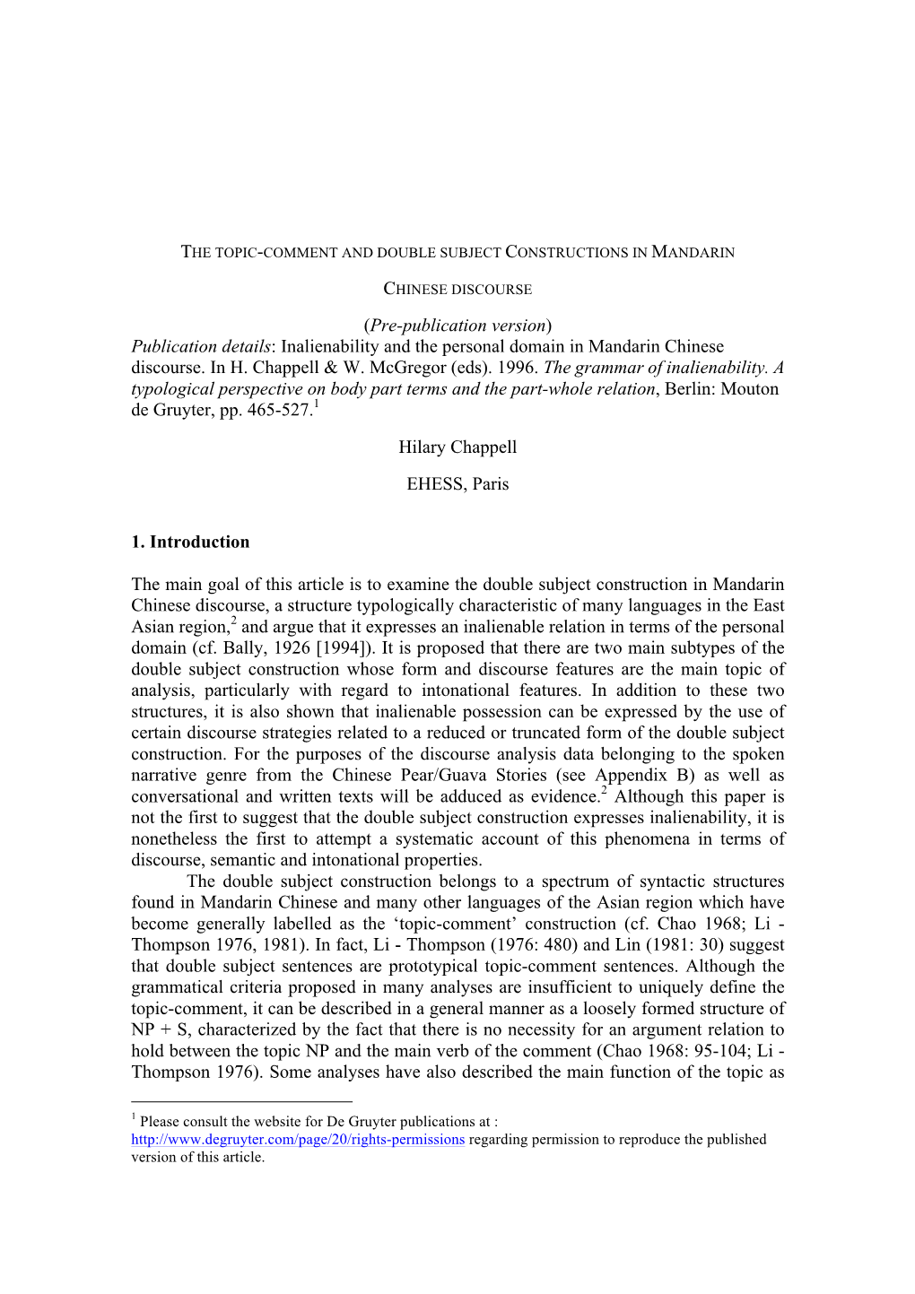 (Pre-Publication Version) Publication Details: Inalienability and the Personal Domain in Mandarin Chinese Discourse