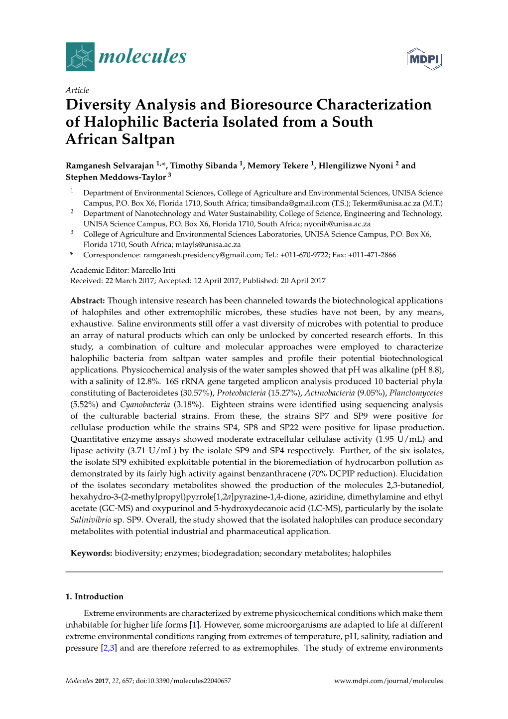 Diversity Analysis and Bioresource Characterization of Halophilic Bacteria Isolated from a South African Saltpan