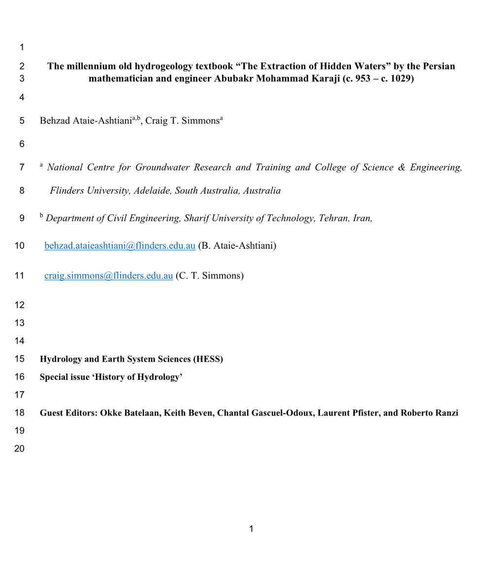 The Millennium Old Hydrogeology Textbook “The Extraction of Hidden Waters” by the Persian 3 Mathematician and Engineer Abubakr Mohammad Karaji (C