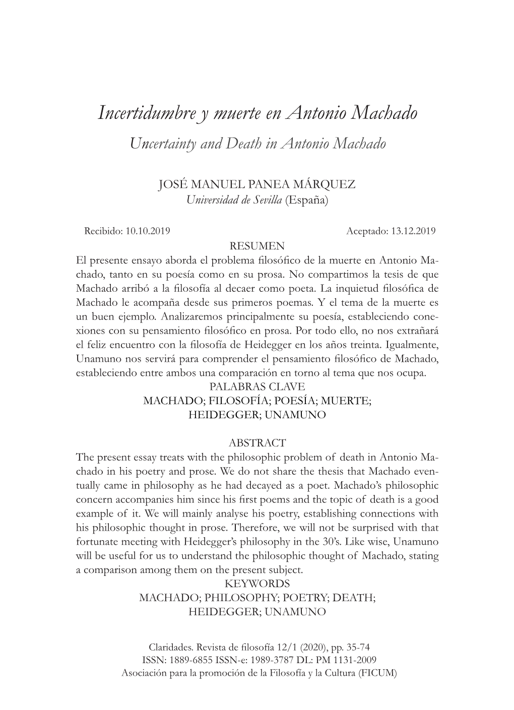 Incertidumbre Y Muerte En Antonio Machado Uncertainty and Death in Antonio Machado