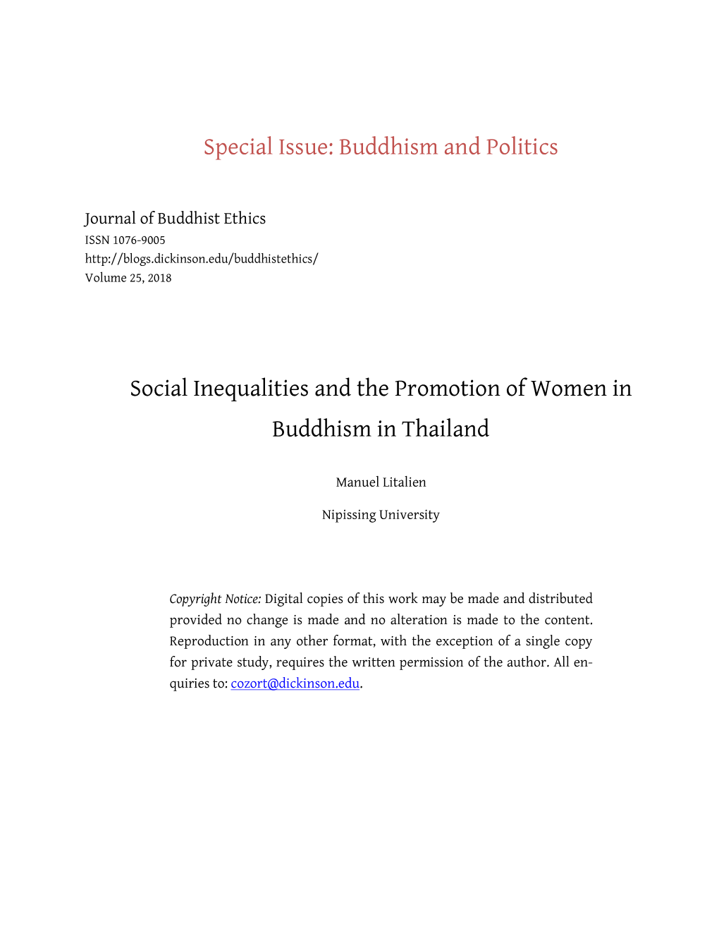 Special Issue: Buddhism and Politics Social Inequalities and The