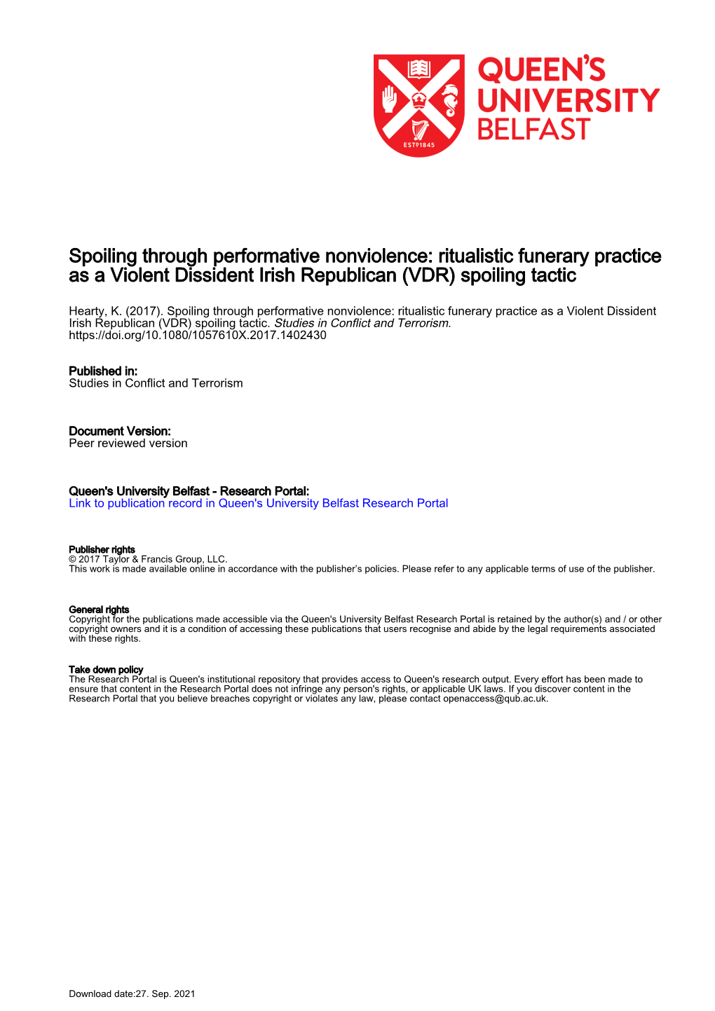 Spoiling Through Performative Nonviolence: Ritualistic Funerary Practice As a Violent Dissident Irish Republican (VDR) Spoiling Tactic