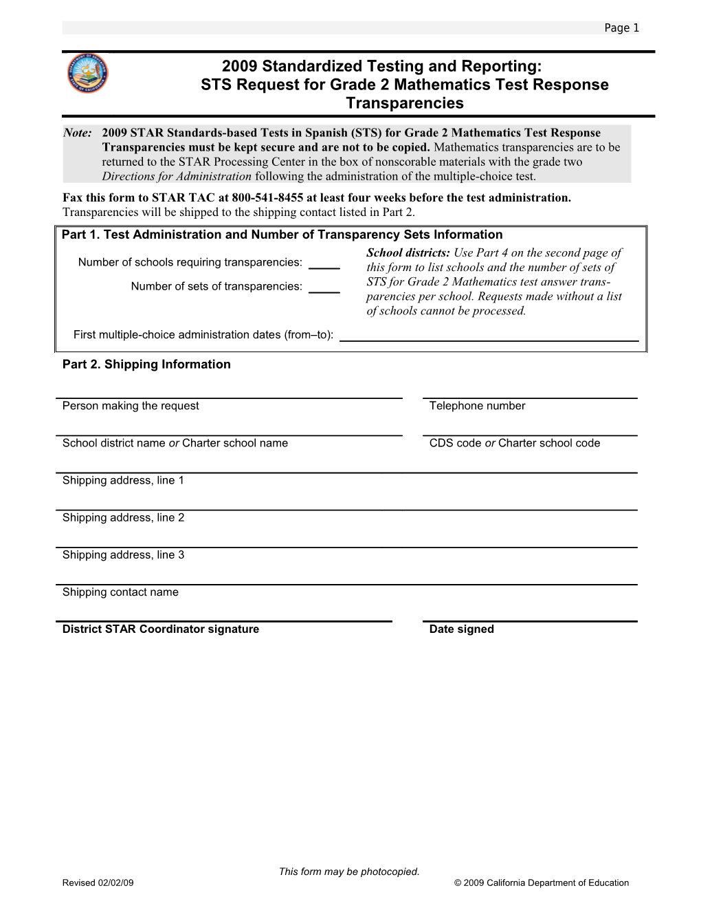 STAR Grade 2 Mathematics Transparencies Request Form