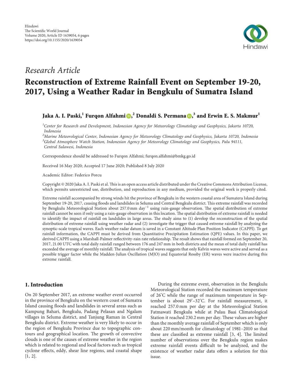 Reconstruction of Extreme Rainfall Event on September 19-20, 2017, Using a Weather Radar in Bengkulu of Sumatra Island