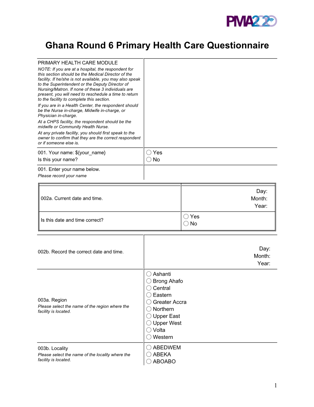 Ghana Round 6 Primary Health Care Questionnaire