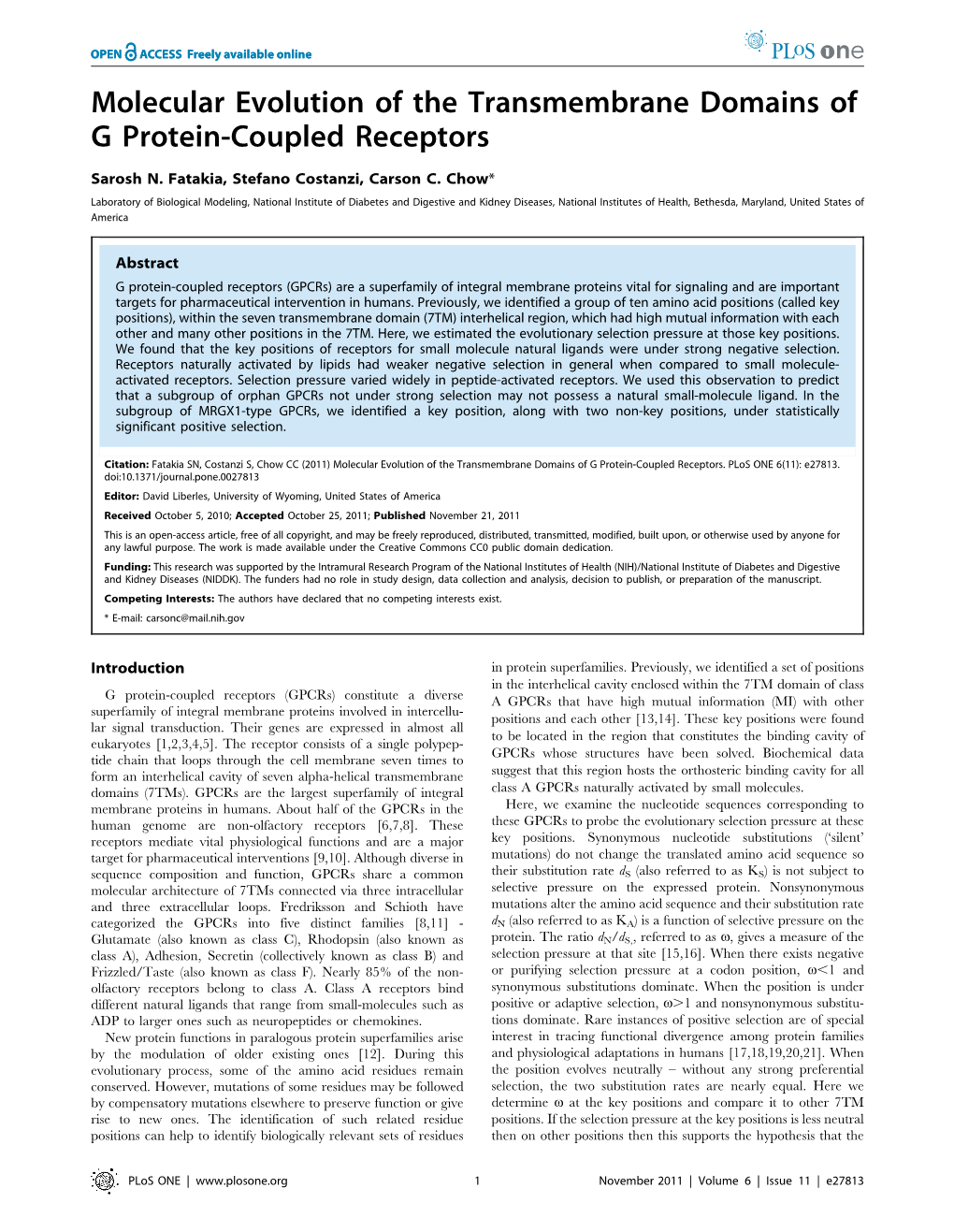 Molecular Evolution of the Transmembrane Domains of G Protein-Coupled Receptors