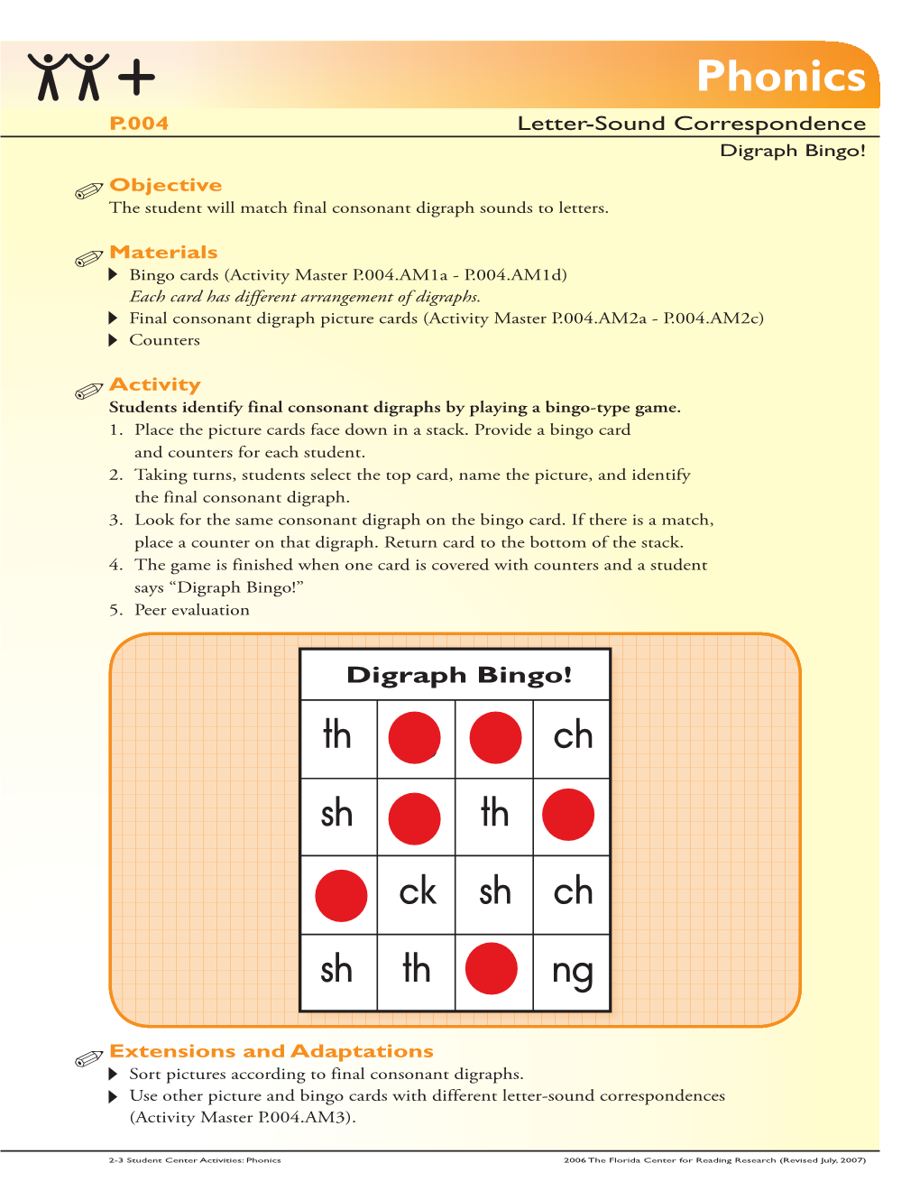 Digraph Bingo! Objective the Student Will Match Final Consonant Digraph Sounds to Letters