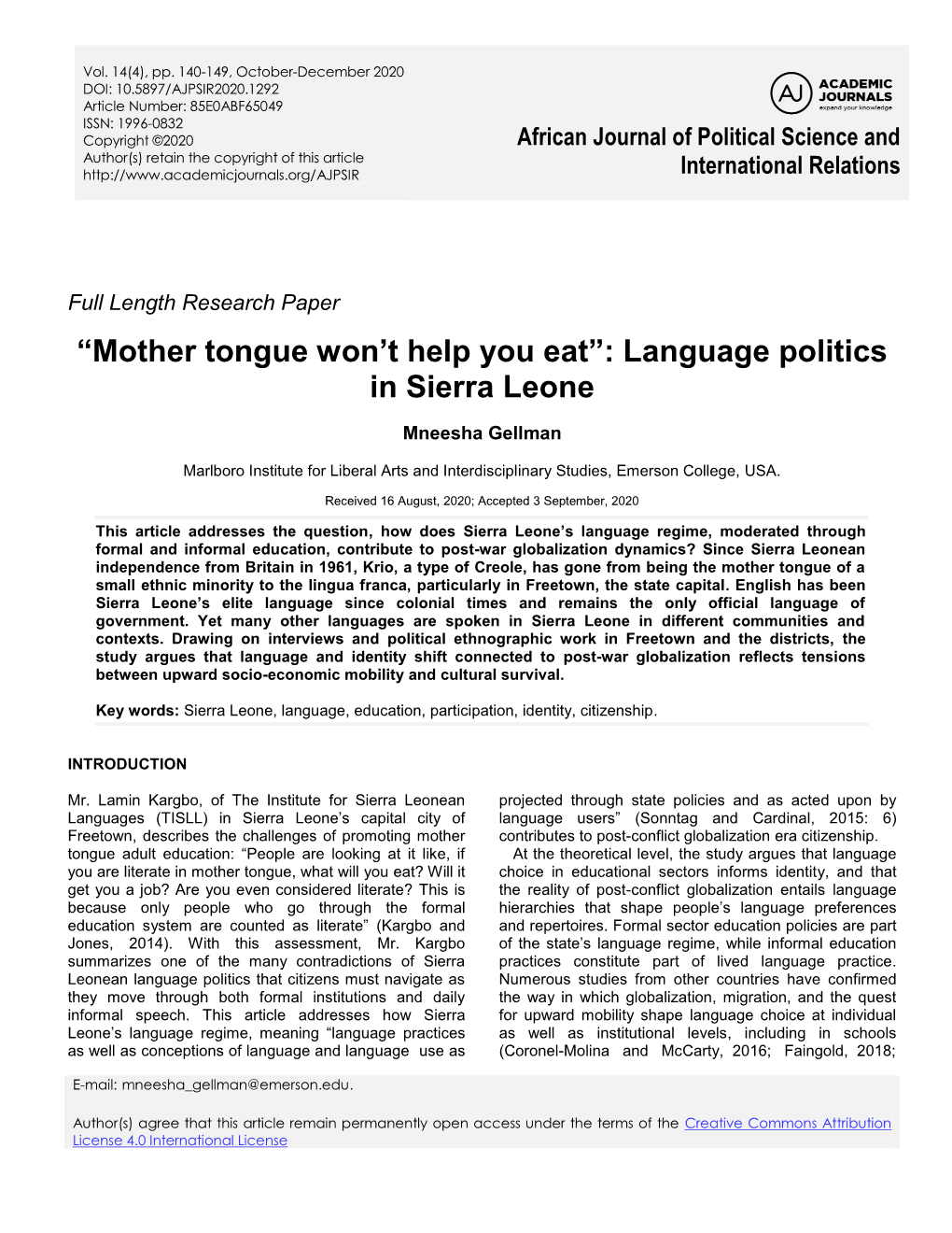 Language Politics in Sierra Leone