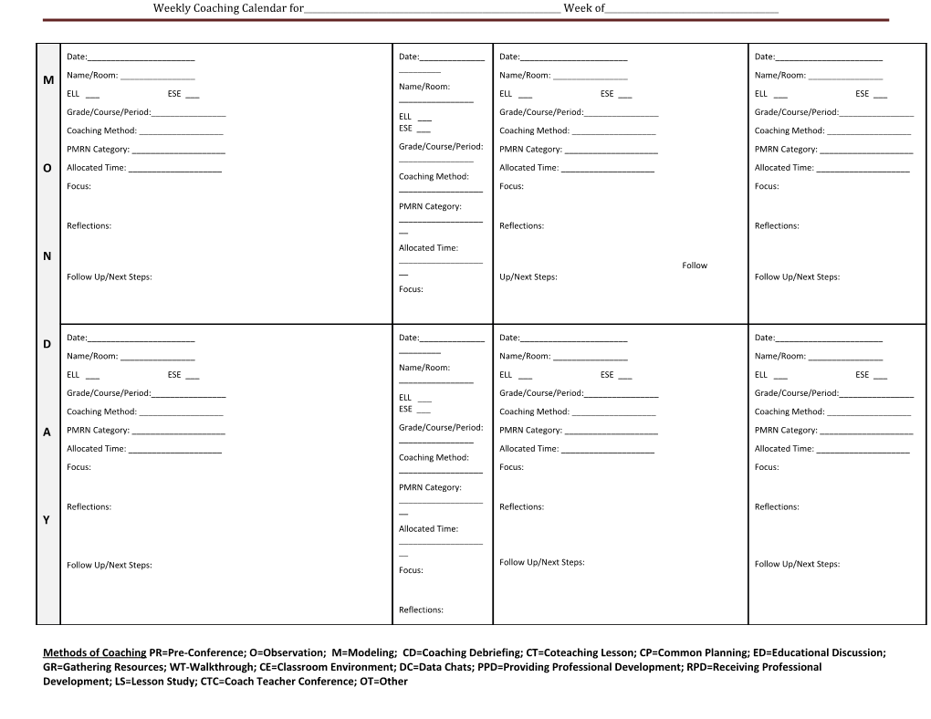 Weekly Coaching Calendar For______ Week Of______
