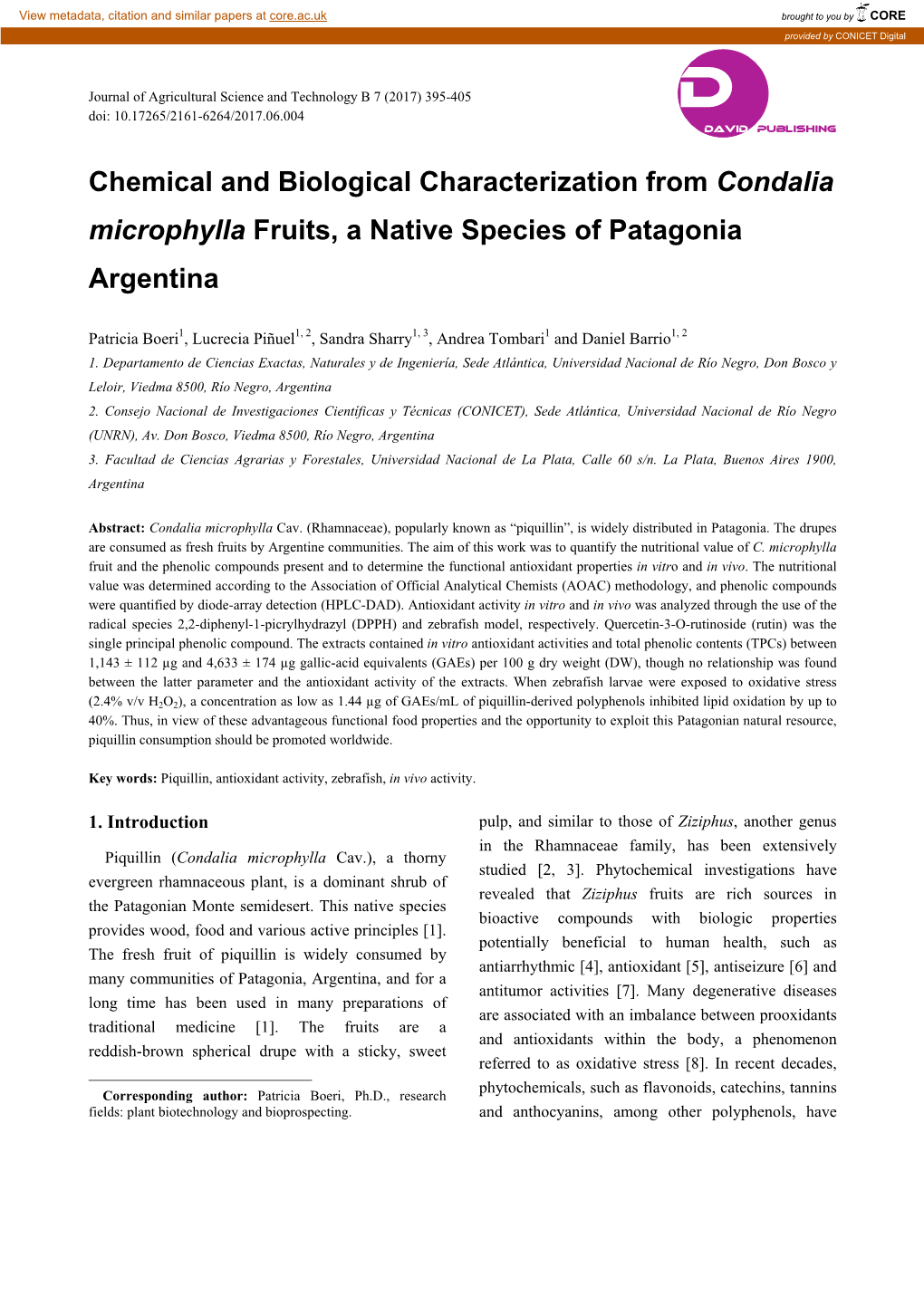 Chemical and Biological Characterization from Condalia Microphylla Fruits, a Native Species of Patagonia Argentina
