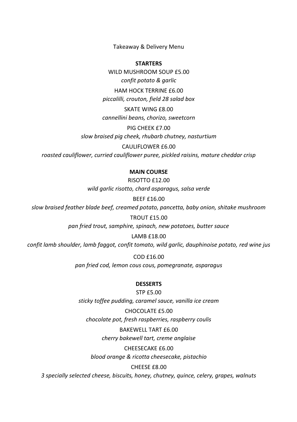 Takeaway & Delivery Menu STARTERS WILD MUSHROOM