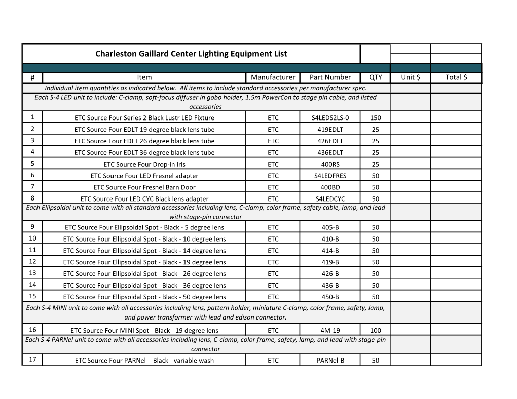 Charleston Gaillard Center Lighting Equipment List