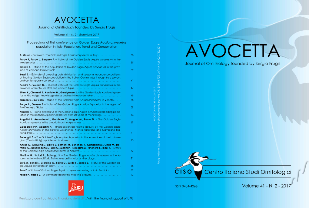 AVOCETTA Journal of Ornithology Founded by Sergio Frugis