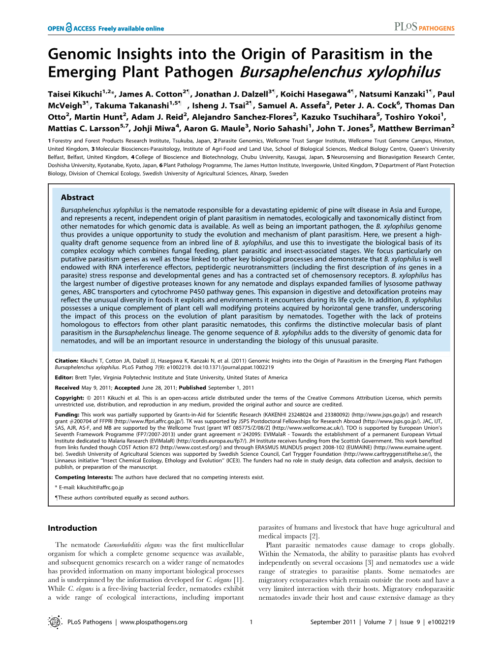 Emerging Plant Pathogen Bursaphelenchus Xylophilus