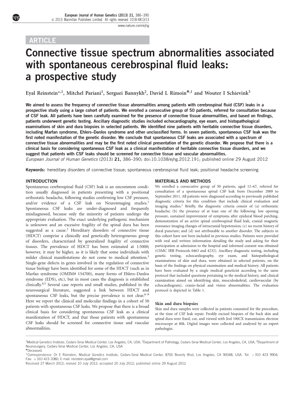 Connective Tissue Spectrum Abnormalities Associated with Spontaneous Cerebrospinal ﬂuid Leaks: a Prospective Study